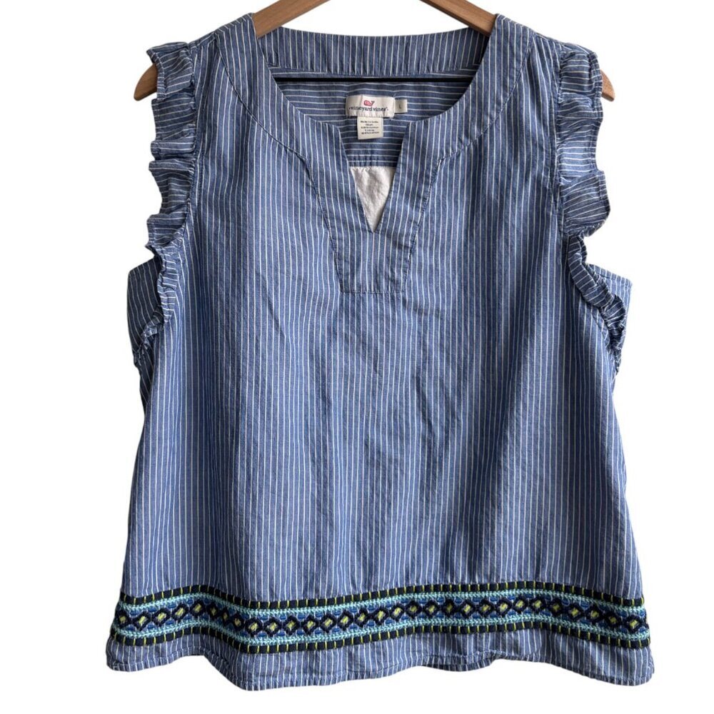 Vineyard Vines Striped Embroidered Flutter Sleeve Yacht Blue Top Large